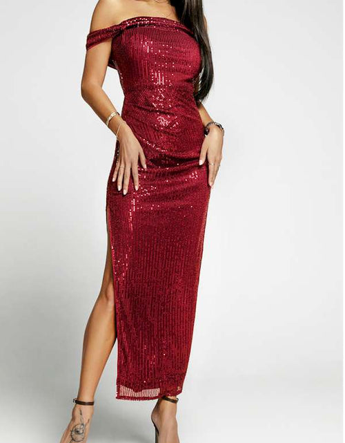 Load image into Gallery viewer, Mesmerizing  Off Shoulder Side Slit Red Bodycon Sequined Dress
