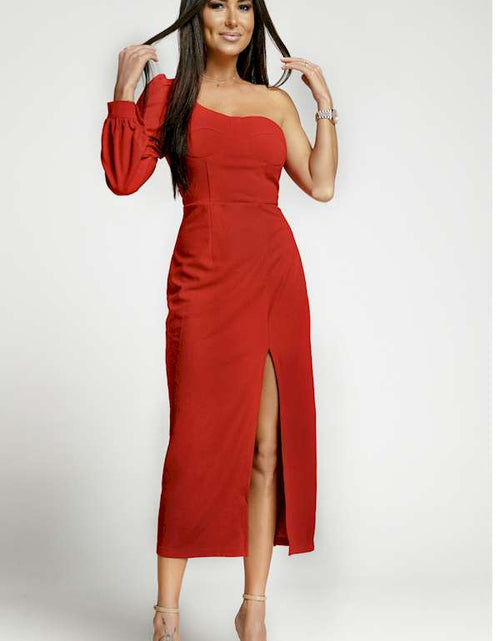 Load image into Gallery viewer, Look Exquisite in this Red One Shoulder Midi Dress
