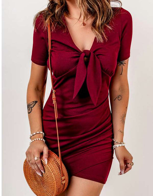 Load image into Gallery viewer, Red Ruched Front Knot Bodycon Mini Dress
