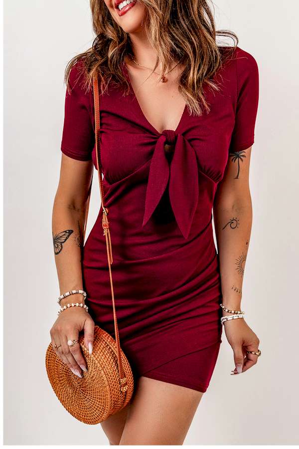 Red Ruched Front Knot Bodycon Mini Dress