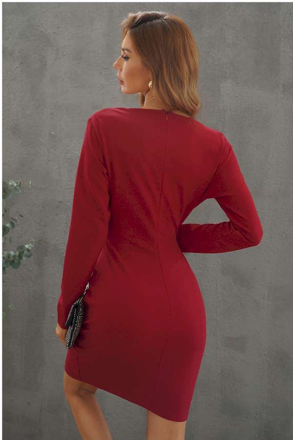 Hot Red V Neck Bodycon Ruched Mini Dress