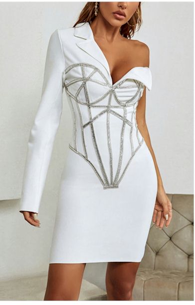 Load image into Gallery viewer, Rhinestone One Shoulder Stretch Turndown Collar Bodycon Stylish Mini dress
