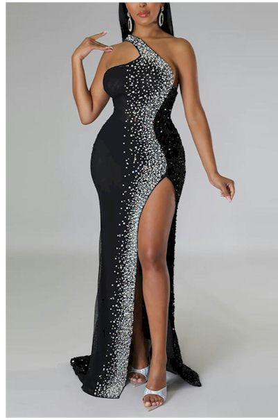 Elegance in Every Step: High Slit Zip-Up Sequin Gown    Sizes S to 2XL