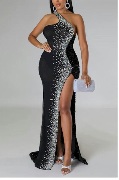 Elegance in Every Step: High Slit Zip-Up Sequin Gown    Sizes S to 2XL