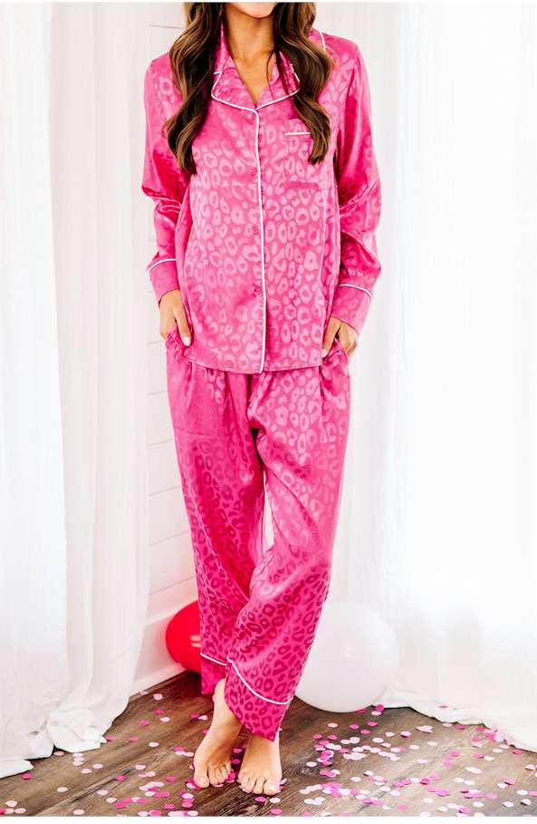 Rose 2pcs Leopard Satin Long Sleeve Pajamas Set