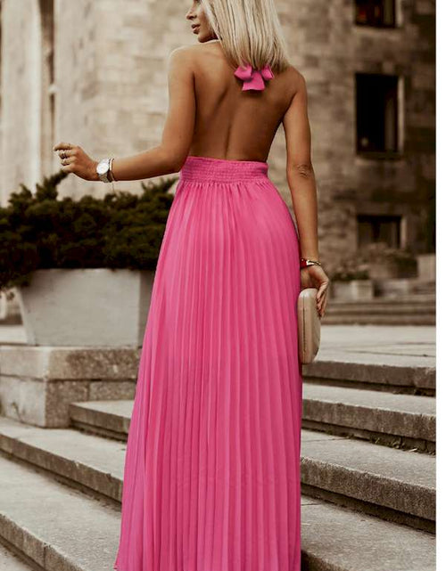 Load image into Gallery viewer, Rose Pink Halter Sleeveless Open Back Pleated Maxi Dress
