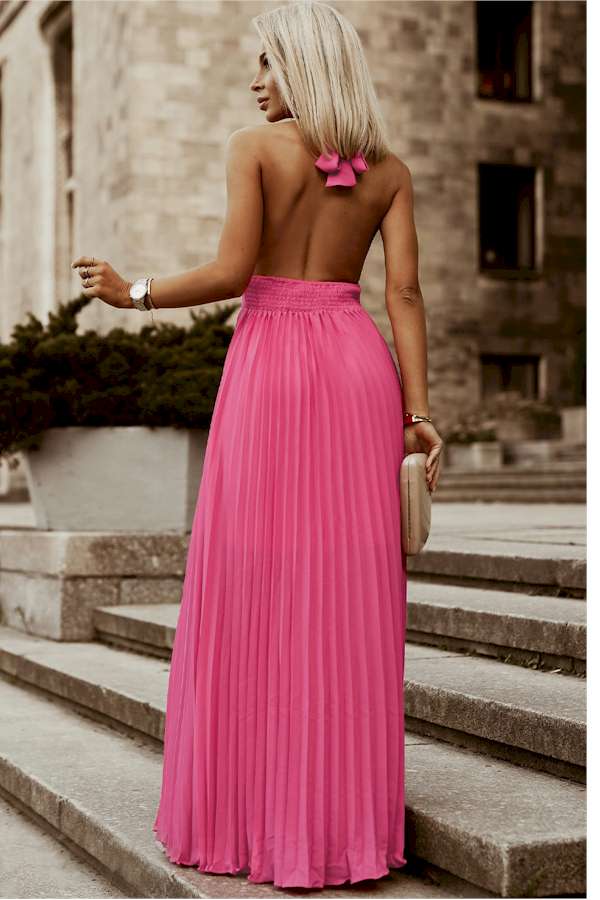 Rose Pink Halter Sleeveless Open Back Pleated Maxi Dress