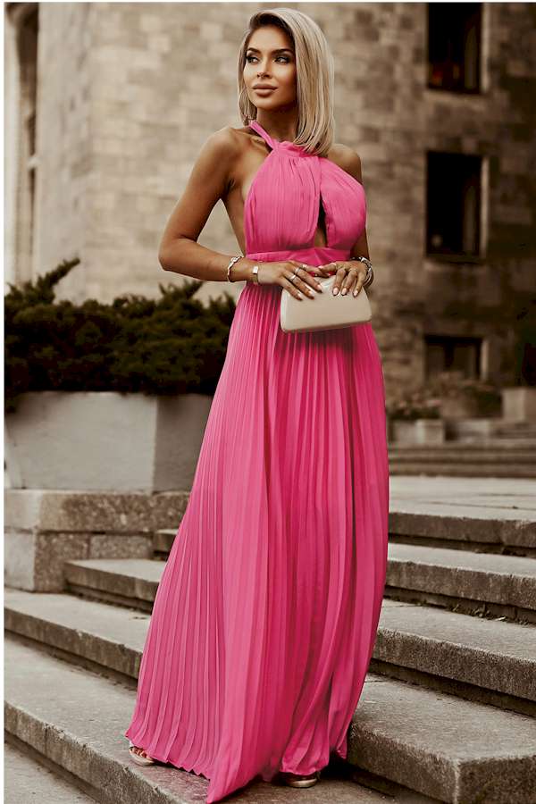 Rose Pink Halter Sleeveless Open Back Pleated Maxi Dress