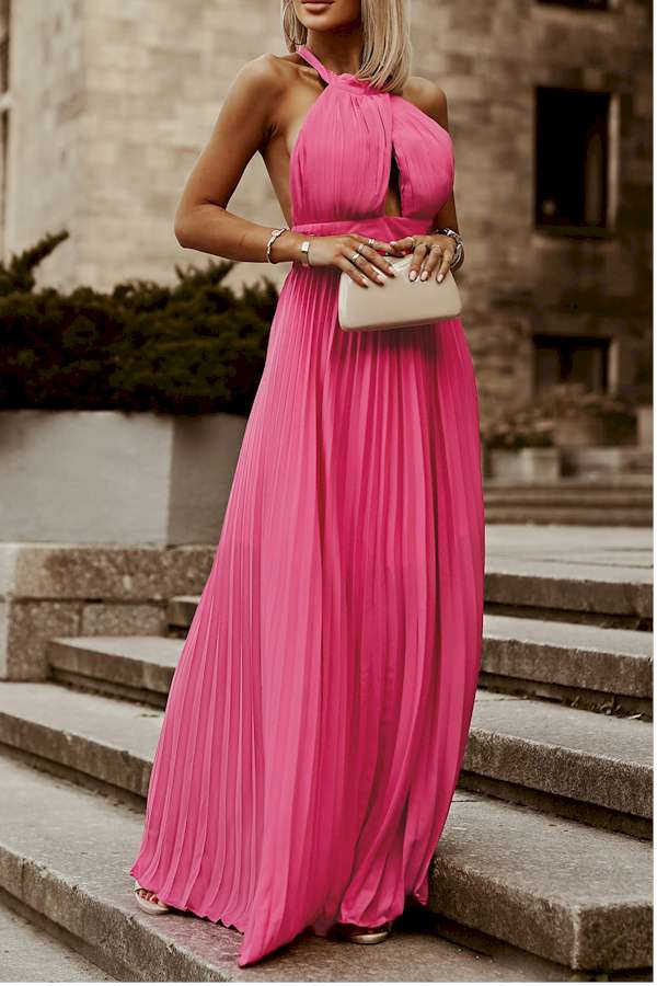 Rose Pink Halter Sleeveless Open Back Pleated Maxi Dress