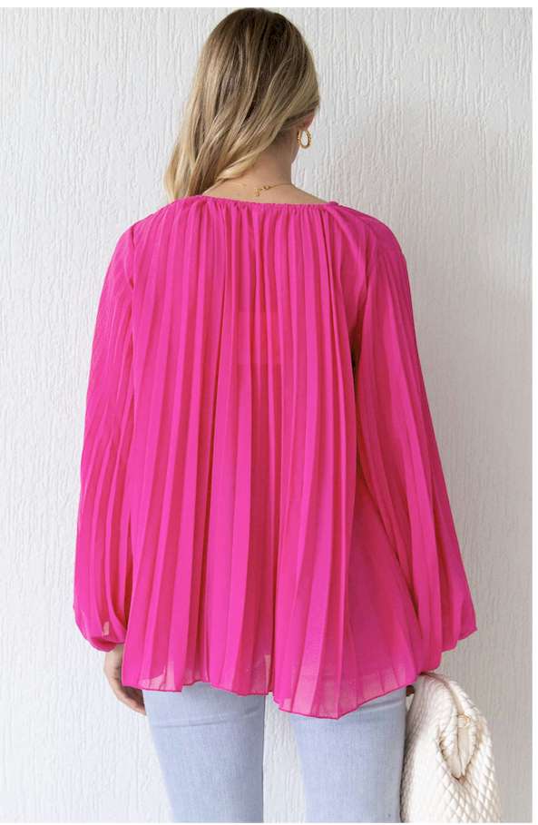 Rose Pleated Bead String Tie V Neck Blouse