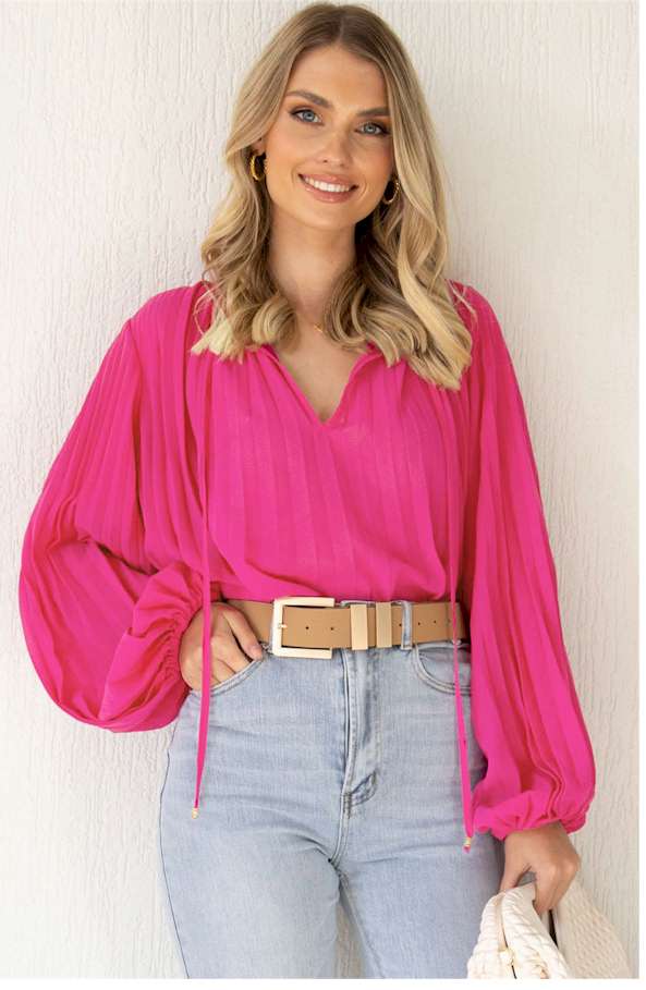 Rose Pleated Bead String Tie V Neck Blouse