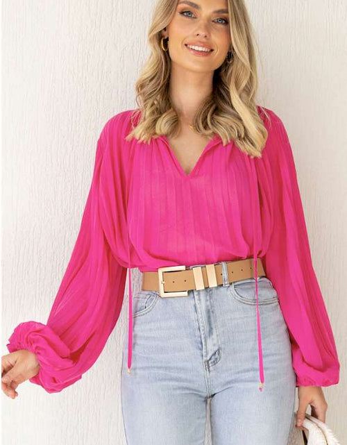 Load image into Gallery viewer, Rose Pleated Bead String Tie V Neck Blouse
