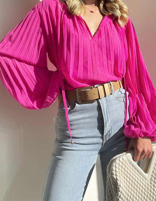 Load image into Gallery viewer, Rose Pleated Bead String Tie V Neck Blouse
