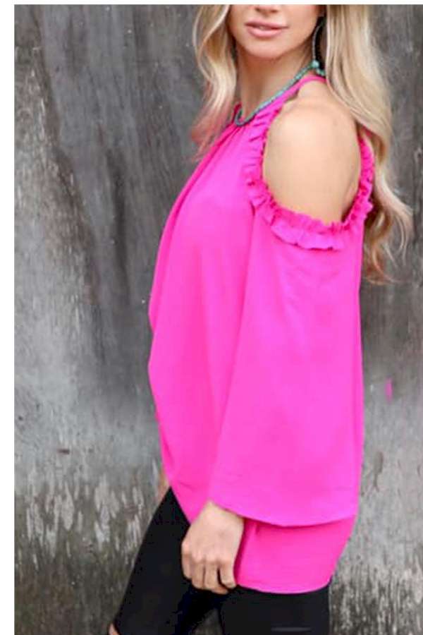 Rose Ruffled Cold Shoulder Long Sleeve Top