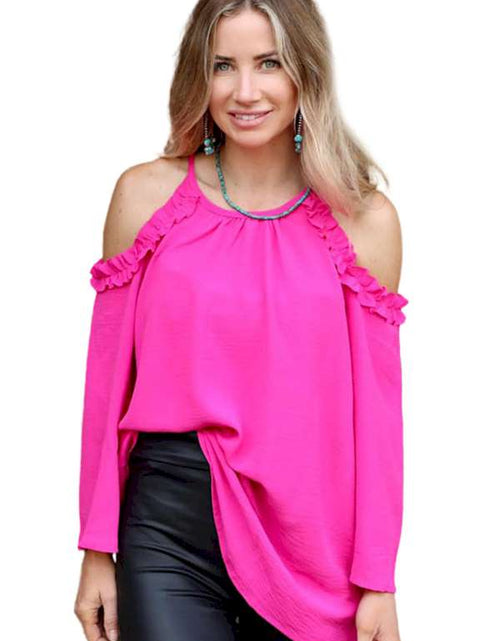 Load image into Gallery viewer, Rose Ruffled Cold Shoulder Long Sleeve Top
