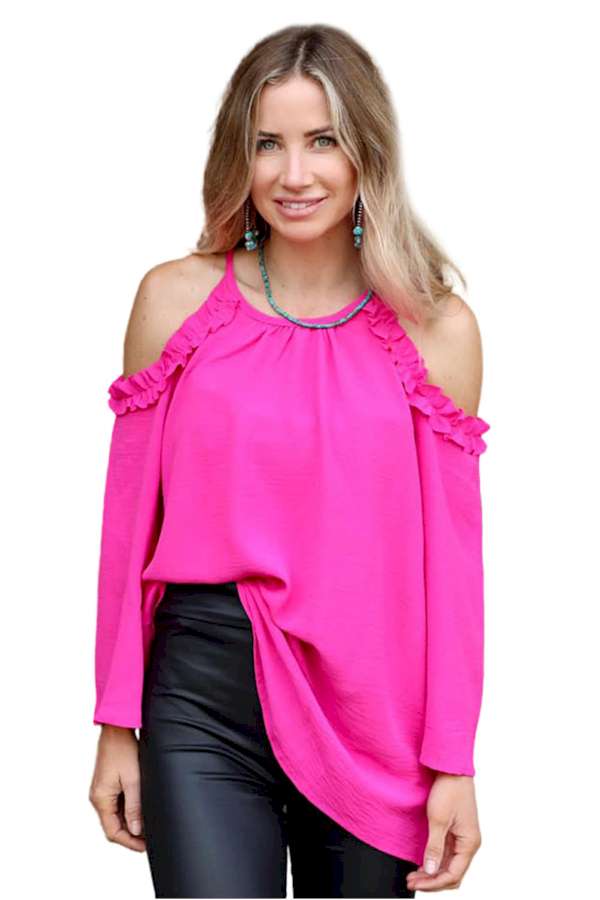 Rose Ruffled Cold Shoulder Long Sleeve Top