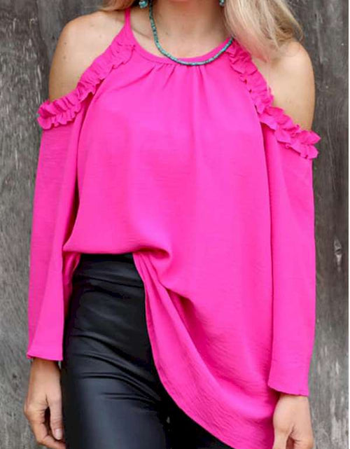 Load image into Gallery viewer, Rose Ruffled Cold Shoulder Long Sleeve Top
