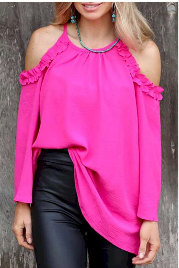 Rose Ruffled Cold Shoulder Long Sleeve Top