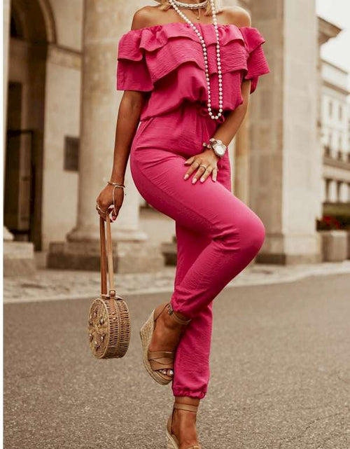 Load image into Gallery viewer, Rose Ruffled Off Shoulder Jogger Jumpsuit
