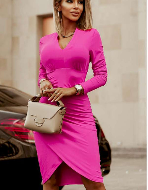 Load image into Gallery viewer, Rose V Neck Ruched Wrap Bodycon Dress
