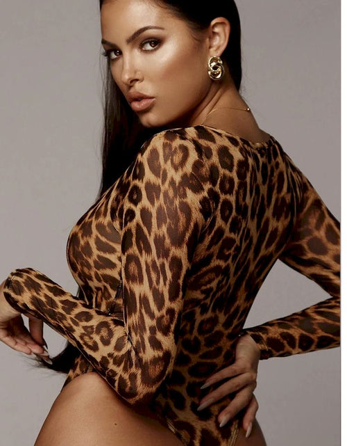 Load image into Gallery viewer, Thong Bottom Leopard V Neckline Bodysuit
