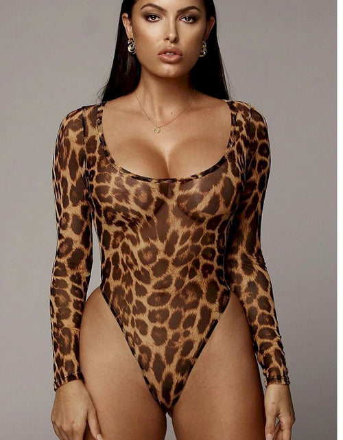 Load image into Gallery viewer, Thong Bottom Leopard V Neckline Bodysuit
