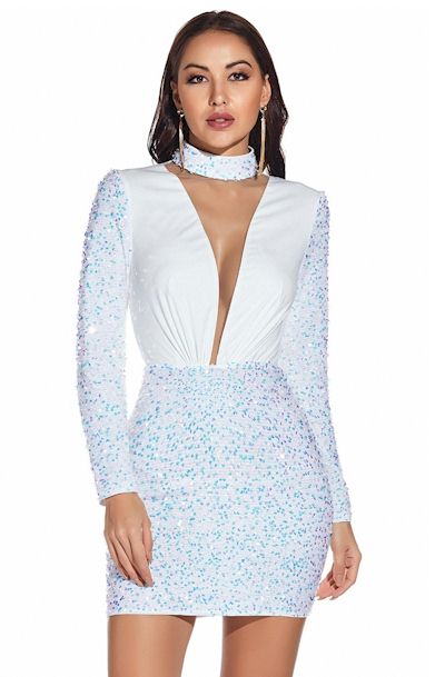 Sequin Embroidered Stand-Up Collar Sexy Elegant Prom Dress