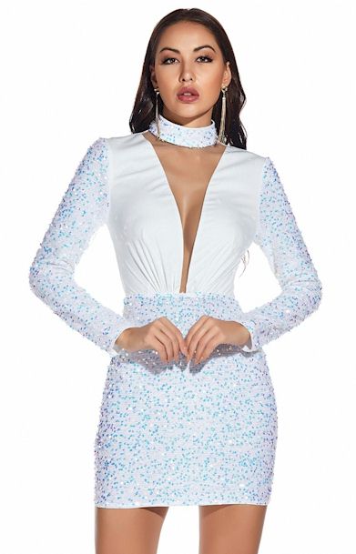 Sequin Embroidered Stand-Up Collar Sexy Elegant Prom Dress