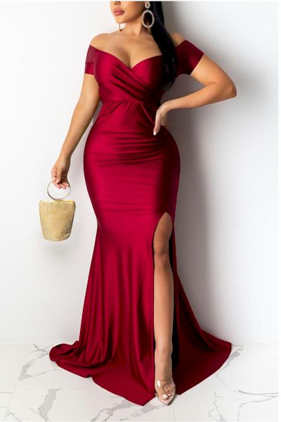 Sexy Bodycon Slitted Off-Shoulder Zip-Up Maxi Evening Gown     Sizes S to 2XL