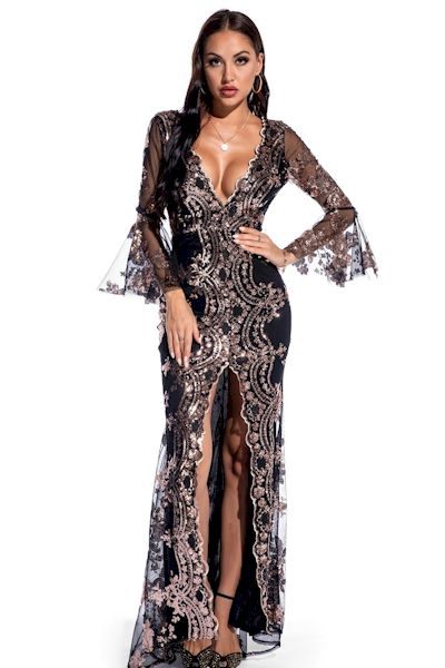 Load image into Gallery viewer, Starry Night Glamour: Sequin Embroidered Gown with Deep V Neck
