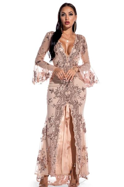 Starry Night Glamour: Sequin Embroidered Gown with Deep V Neck