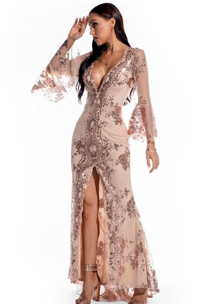 Starry Night Glamour: Sequin Embroidered Gown with Deep V Neck