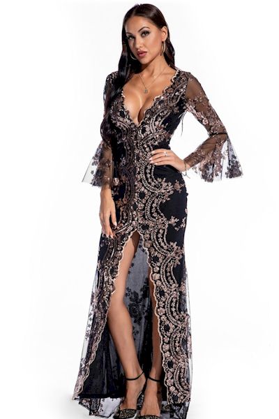 Starry Night Glamour: Sequin Embroidered Gown with Deep V Neck