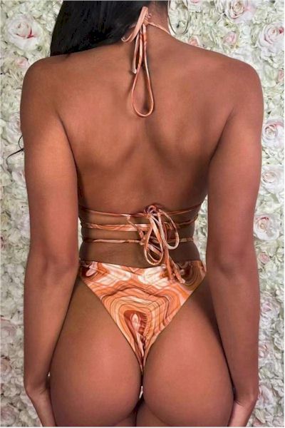 Sexy Print Padded Halter-Neck Lace-Up Cutout Ring Linked Three-Piece Swimsuit