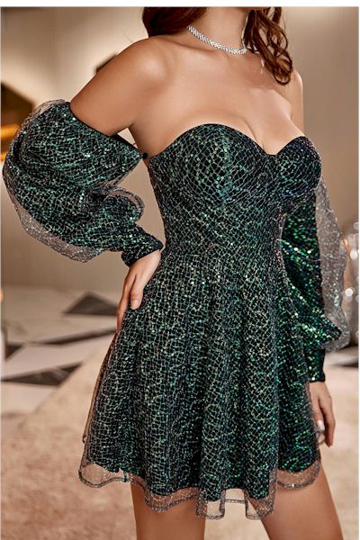 Sexy Strapless Sequins Mini Prom Dress W/Detachable Sleeves