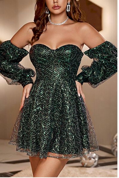 Sexy Strapless Sequins Mini Prom Dress W/Detachable Sleeves