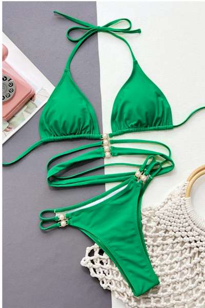 Load image into Gallery viewer, Pearl Accented Halter-Neck Lace-Up Triangle Bikini
