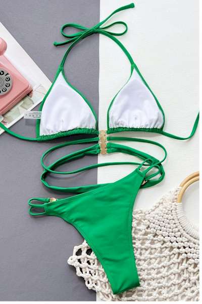 Load image into Gallery viewer, Pearl Accented Halter-Neck Lace-Up Triangle Bikini
