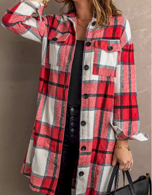 Load image into Gallery viewer, Shirt Collar Button Closure Plaid Coat
