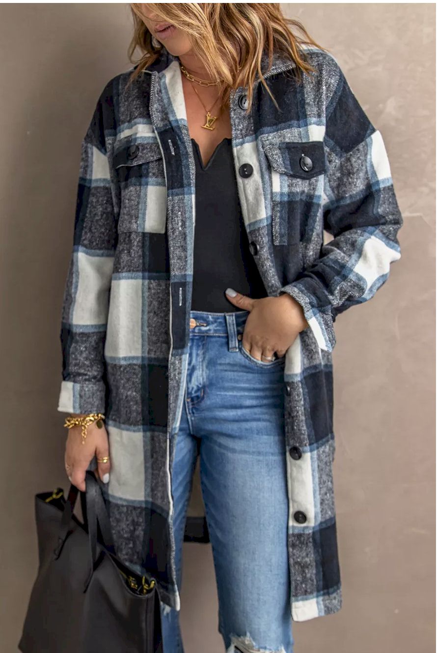 Shirt Collar Button Closure Plaid Coat