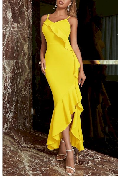 Timeless Beauty: Classic Silhouette Yellow Sexy Maxi Gown