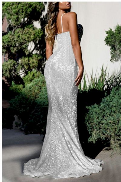 Glamour in Motion: Sling Sequins Maxi Dress with High Slit