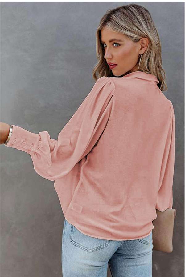 Pink Solid Button-up Loose Long Sleeve Shirt