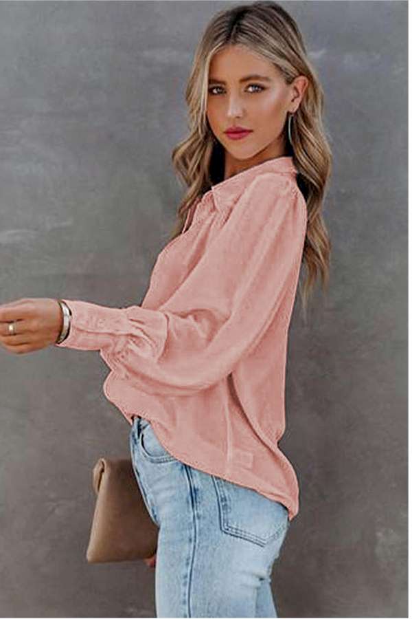 Pink Solid Button-up Loose Long Sleeve Shirt