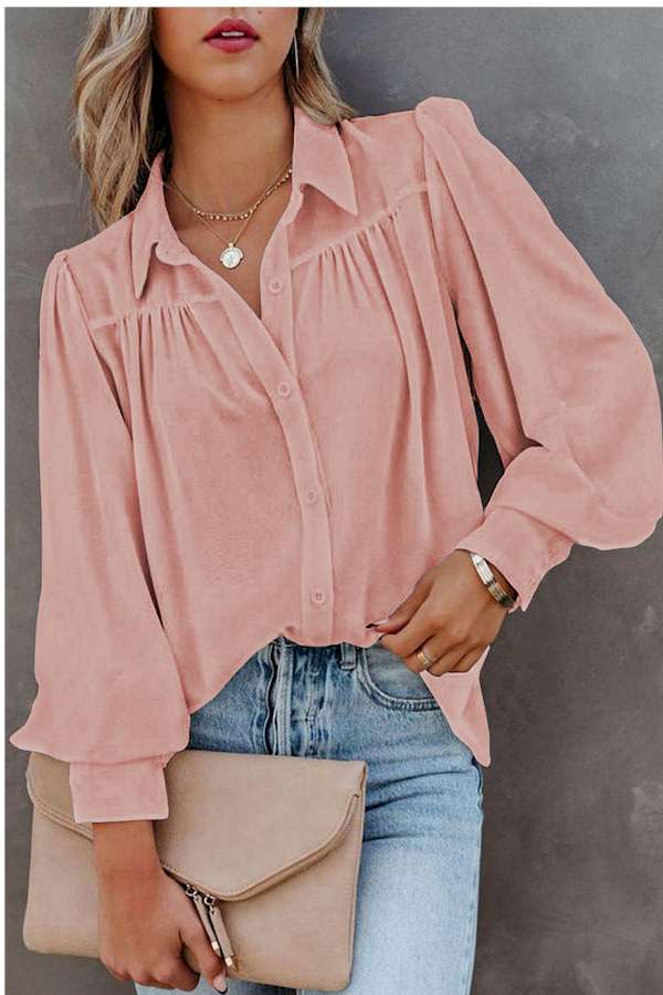 Pink Solid Button-up Loose Long Sleeve Shirt