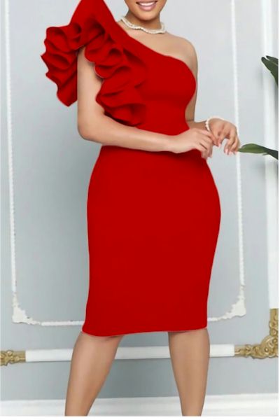 Graceful Glamour: Stunning One Shoulder Midi with Figure-Flattering Ruffles