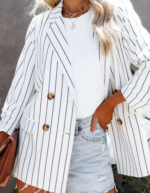 Load image into Gallery viewer, White Double Breasted Pocketed Striped Blazer
