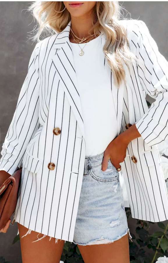 White Double Breasted Pocketed Striped Blazer