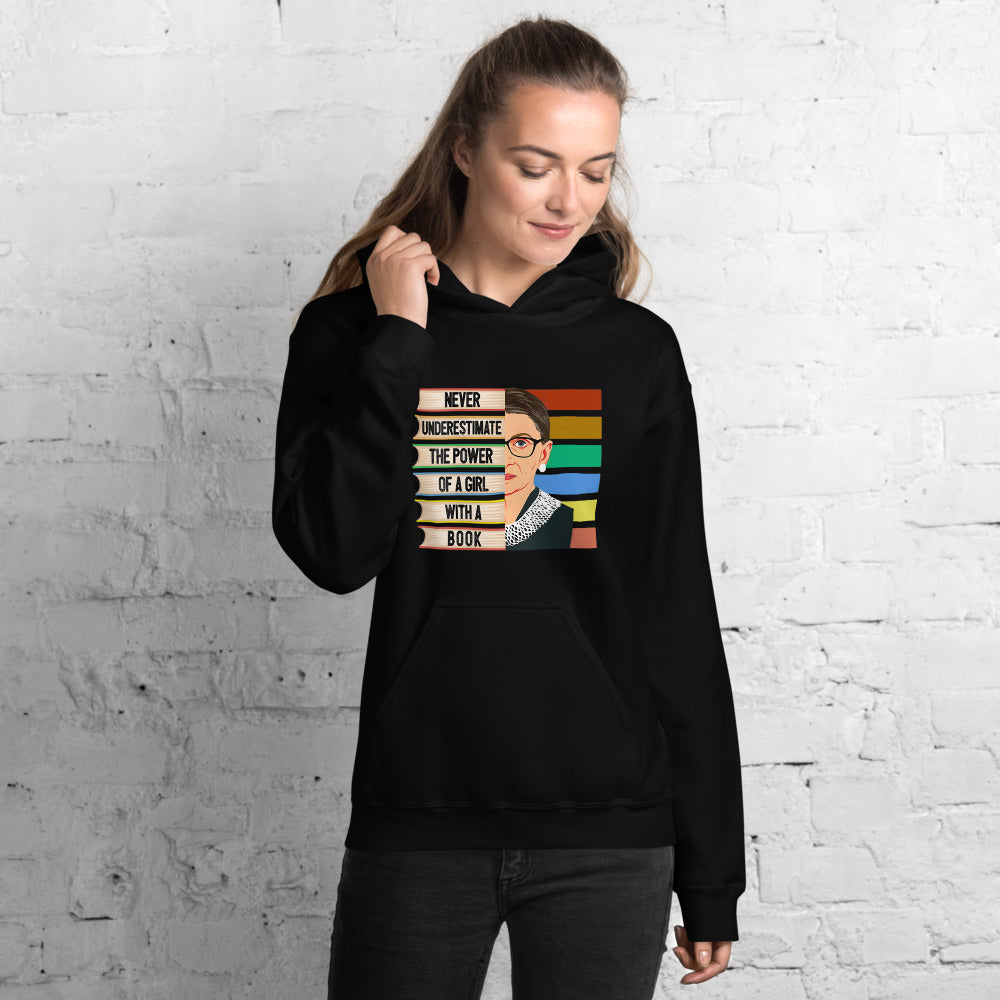 Ruth Bader Ginsburg  Never Underestimate the Power of a Girl with a Book Unisex Hoodie Black