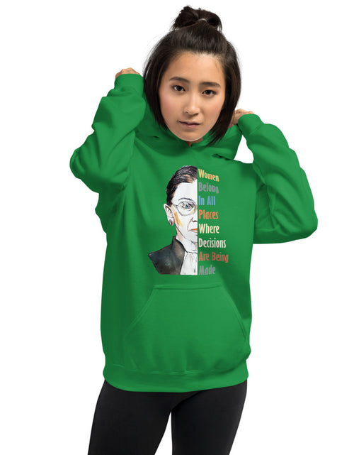 Load image into Gallery viewer, Woman Wearing Notorious RBG - Women Belong in All Places Where Decisions Are Being Made Unisex Hoodie
